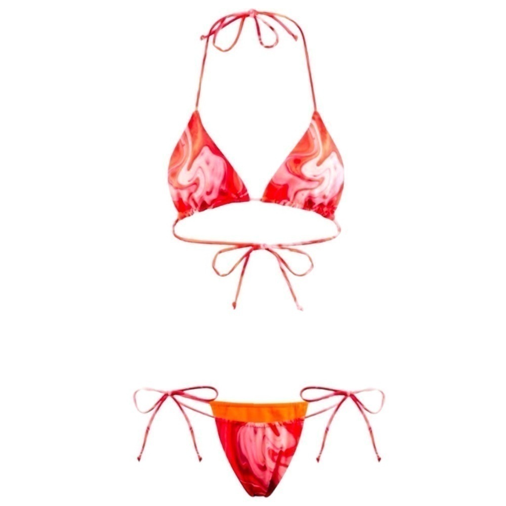 FARAI LONDON VALENTINA PINK MARBLE SWIRL STRING TRIANGLE TIE SIDE BIKINI SET